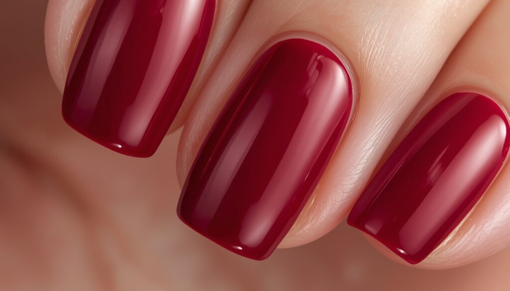 Close-up extremo de unhas femininas com esmalte vermelho vibrante, demonstrando a perfeição da arte e técnica de cutilagem e esmaltação sem imperfeições na cutícula.