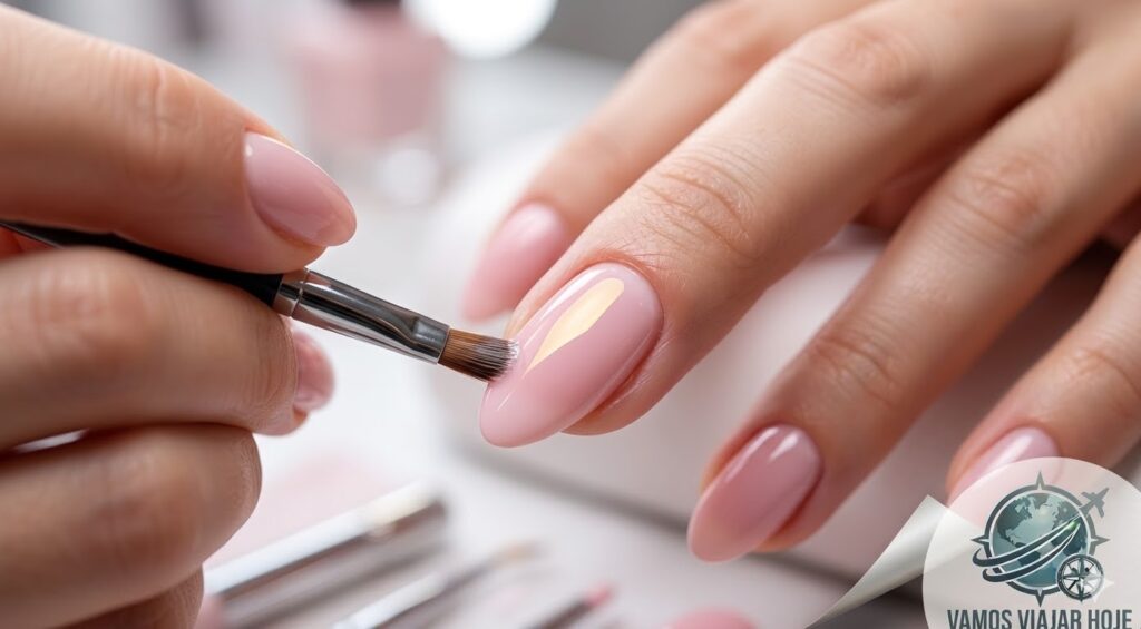 O processo de aplicação de um esmalte em gel com pincel fino, destacando a precisão perto da cutícula, parte fundamental da arte e técnica de cutilagem e esmaltação