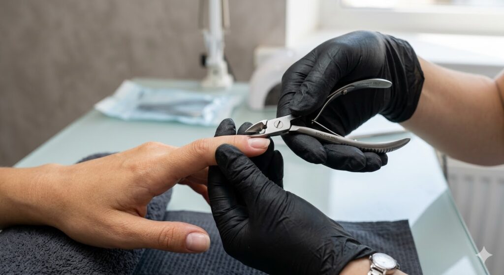 Mãos de uma manicure profissional usando luvas pretas e um alicate de alta precisão para realizar a arte e técnica de cutilagem e esmaltação em uma cliente.